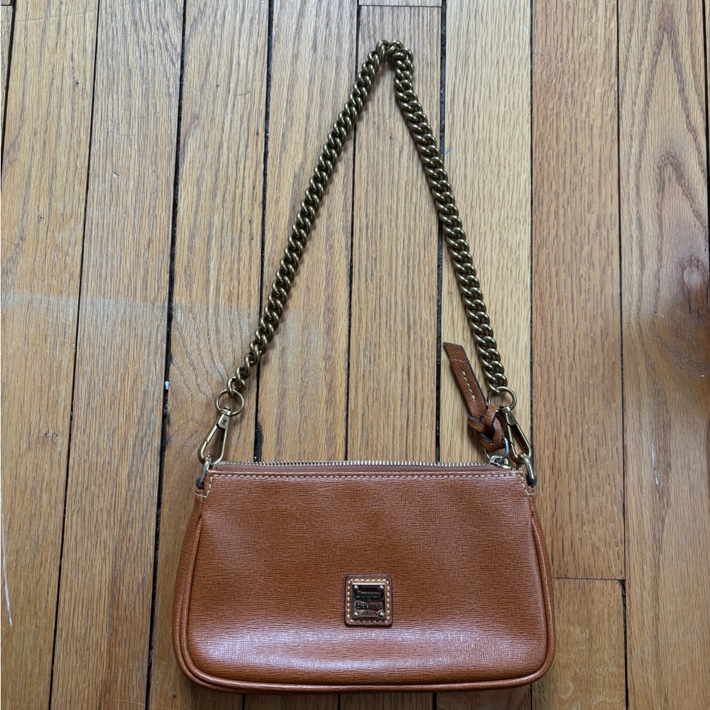 Dooney & Bourke Tan/Brown Saffiano Leather Mini Shoulder Bag with Gold Chain